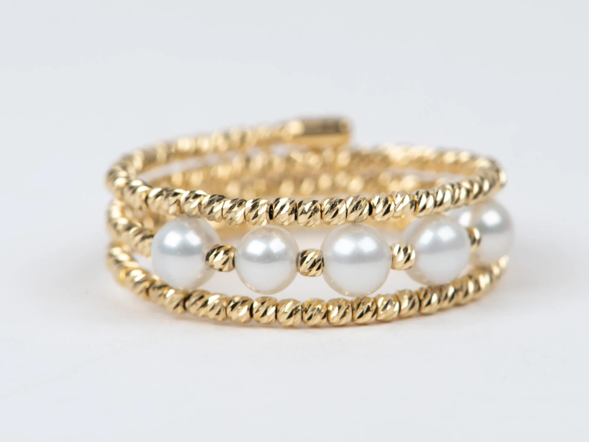 18K Gold Diamond Cut Shiny Bead 3-Row Stretch Ring with Dainty Pearls R6744