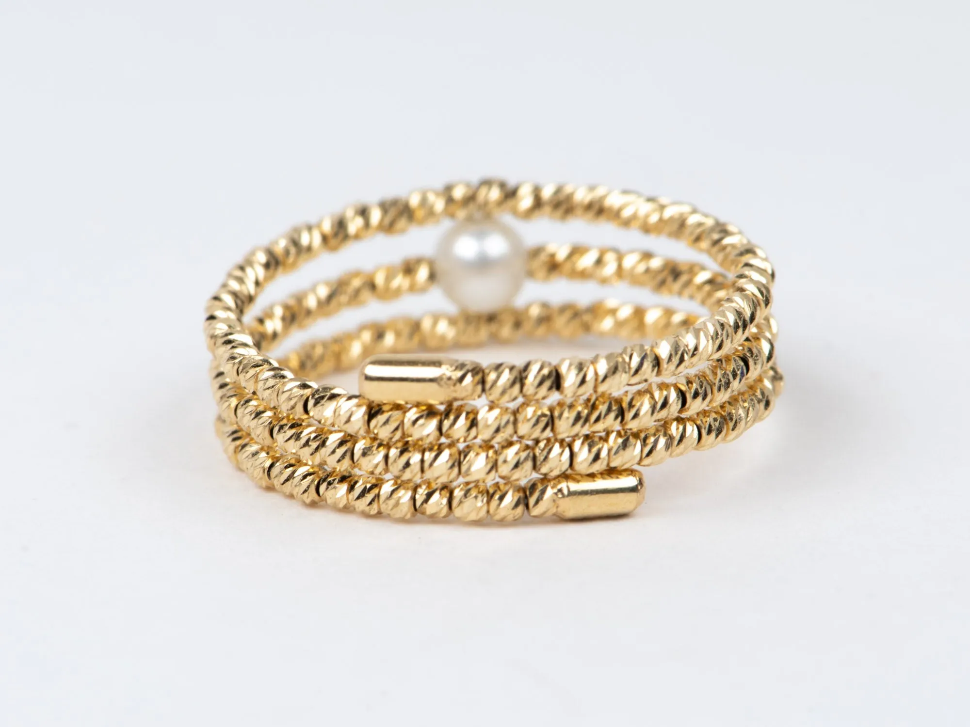 18K Gold Diamond Cut Shiny Bead 3-Row Stretch Ring with Dainty Pearls R6744