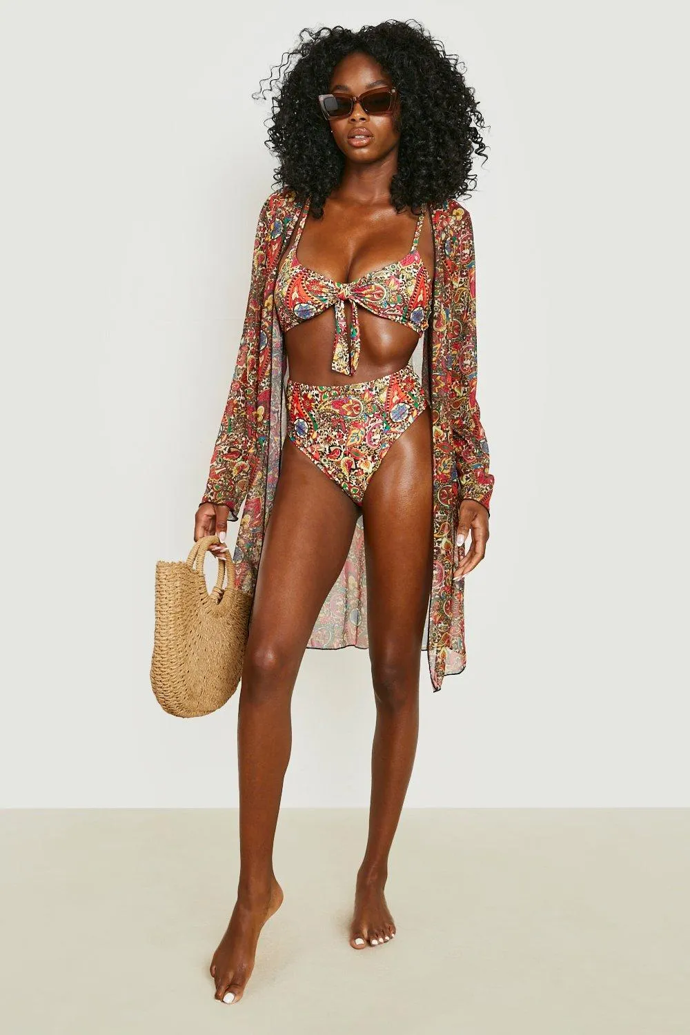 3 Pack Leopard Paisley Tie Bikini Kimono Set