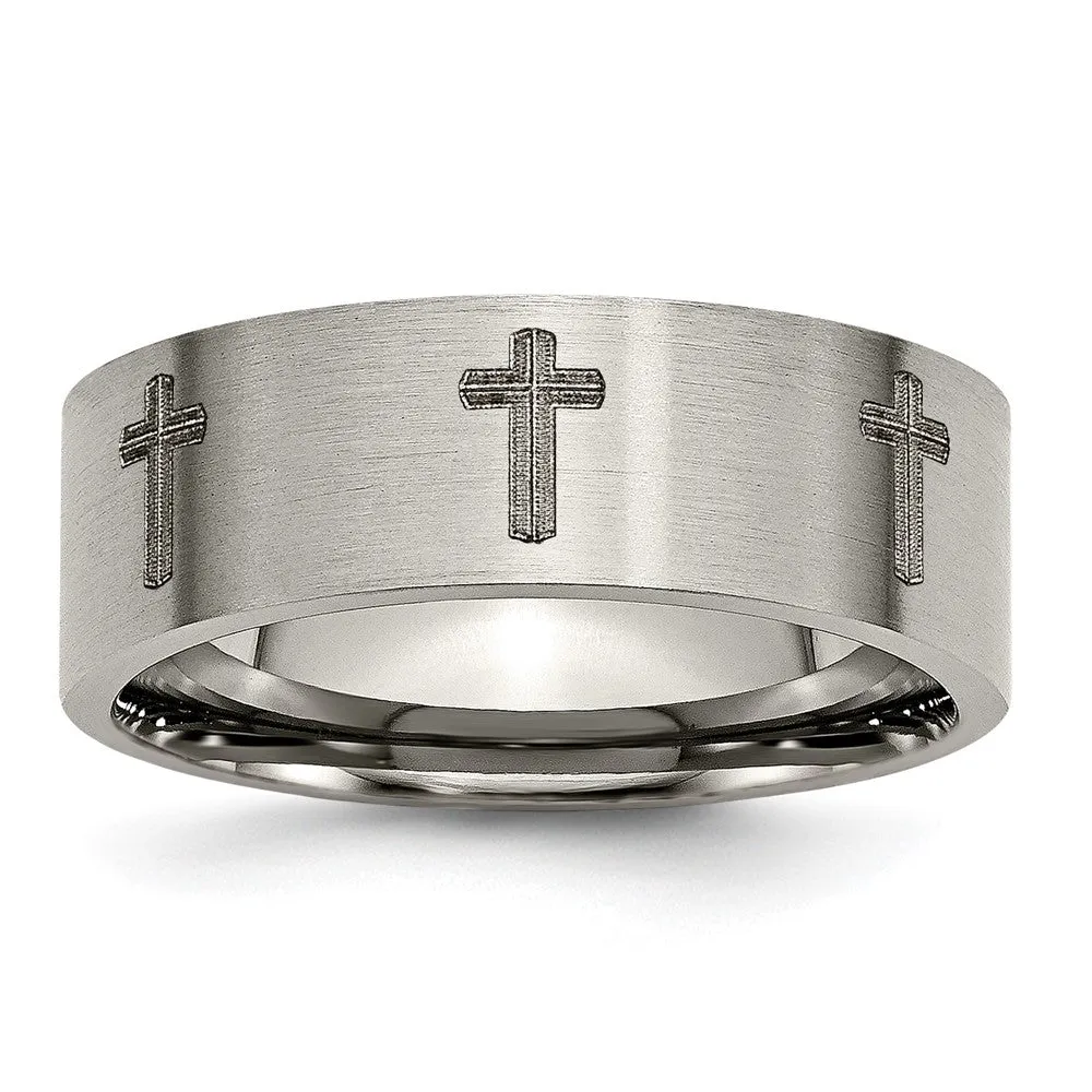 8mm Titanium Brushed & Lasered Cross Flat Standard Fit Band