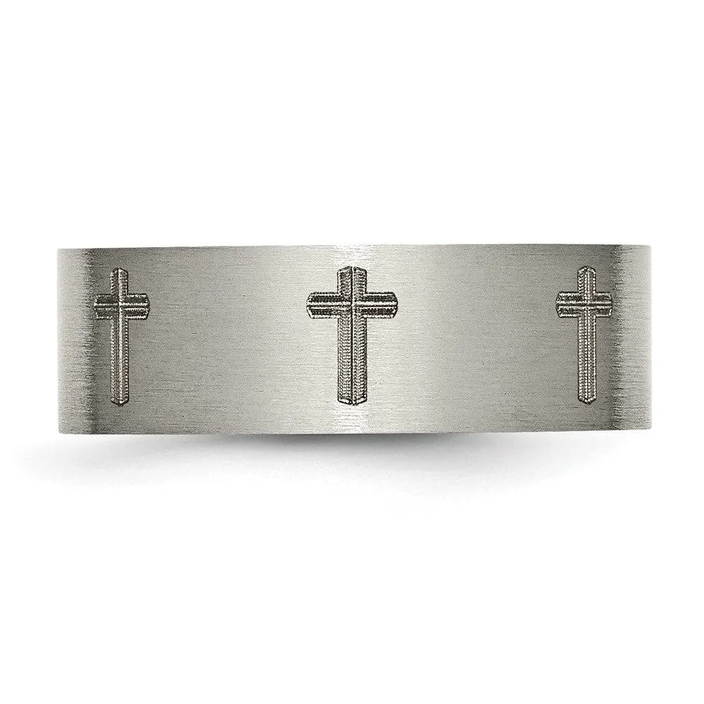 8mm Titanium Brushed & Lasered Cross Flat Standard Fit Band