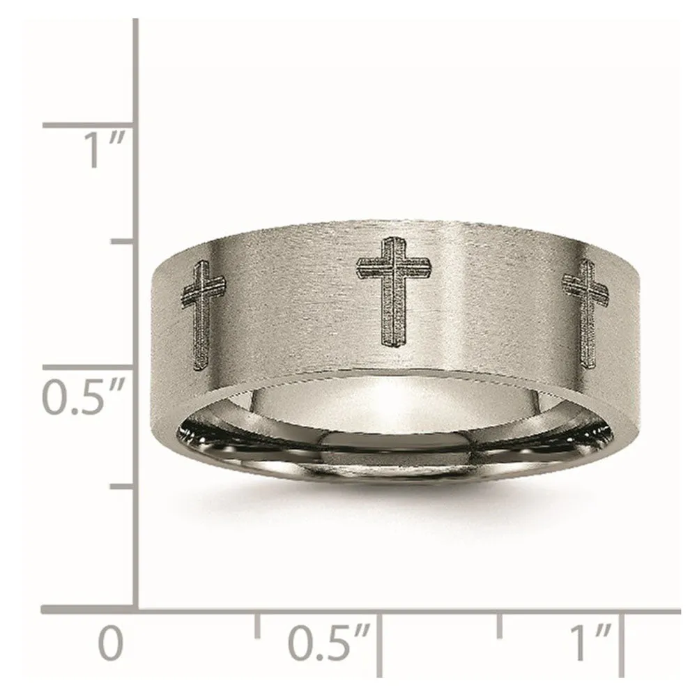 8mm Titanium Brushed & Lasered Cross Flat Standard Fit Band