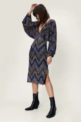 Abstract Print Beaded Kimono Sleeve Midi Dress