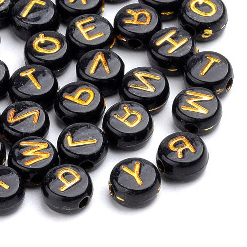 Acrylic Beads, Flat, Round, Alphabet, Letter, Opaque, Black, Gold, Mixed, A-Z, 7mm