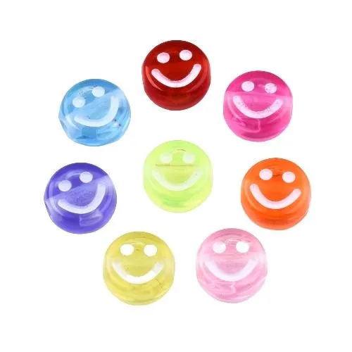 Acrylic Beads, Smiley Faces, Flat, Round, Mixed Colors, 10mm