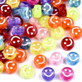 Acrylic Beads, Smiley Faces, Flat, Round, Mixed Colors, 10mm