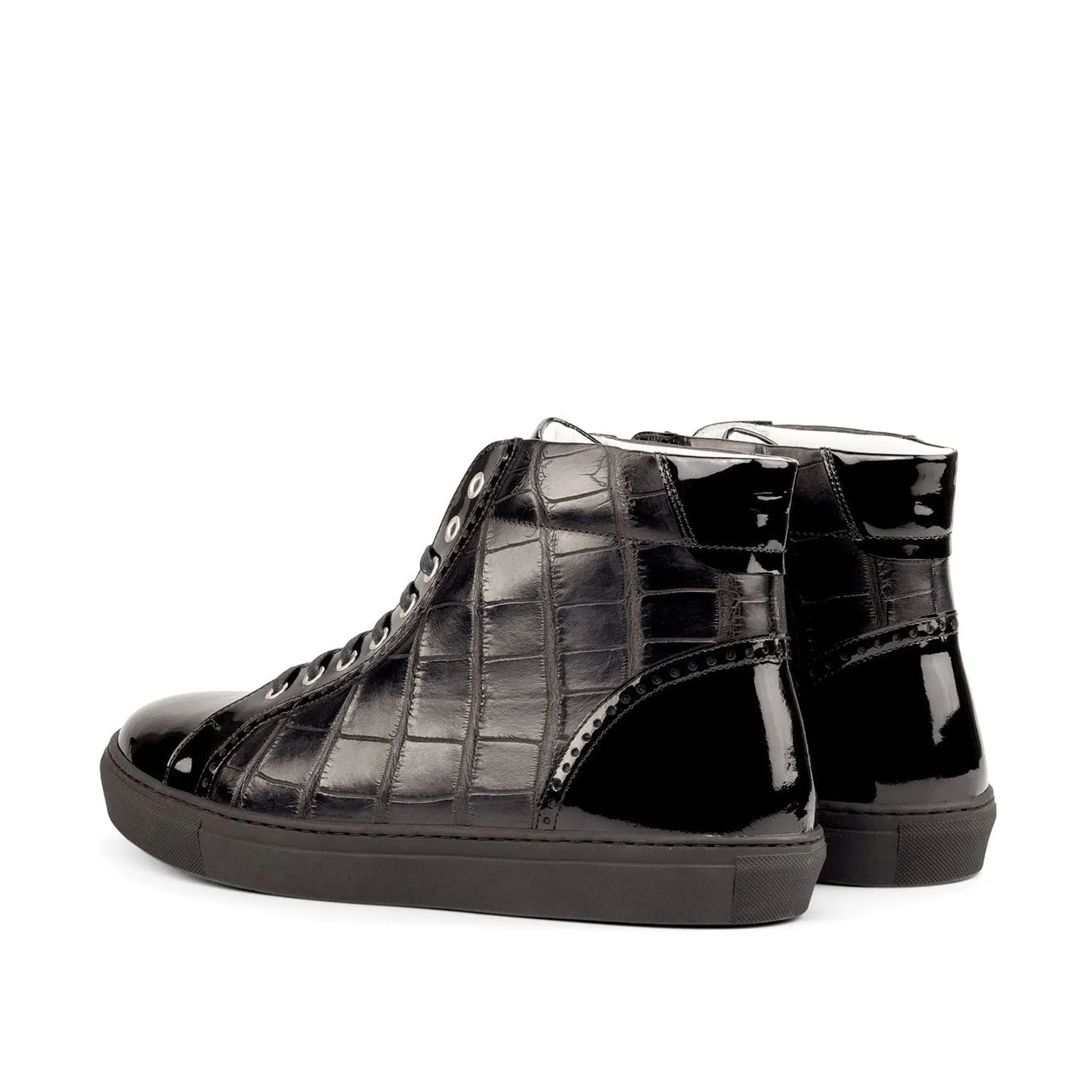 Ambrogio Bespoke Men's Shoes Black Exotic Alligator / Patent Leather High Kicks Sneakers (AMB2262)