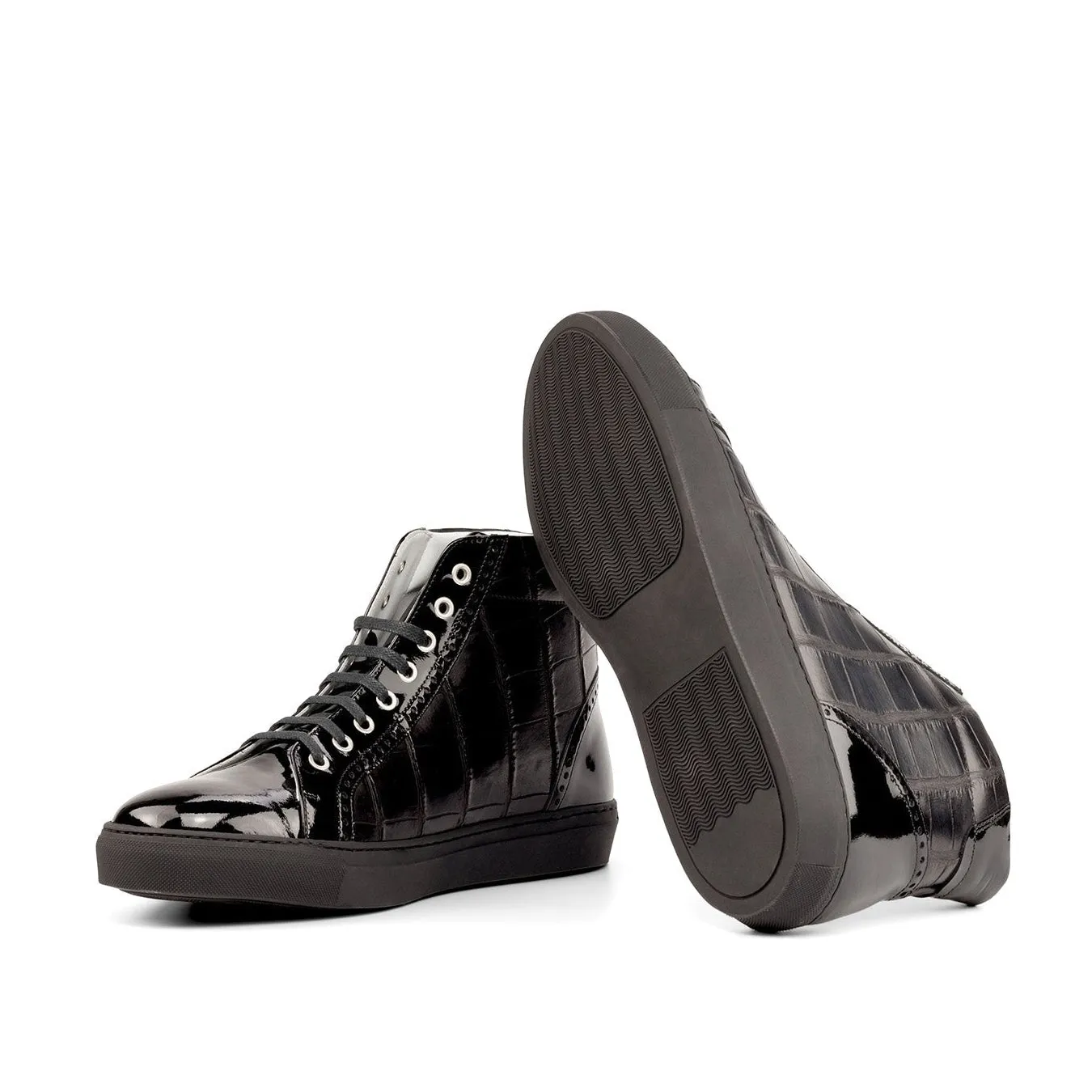 Ambrogio Bespoke Men's Shoes Black Exotic Alligator / Patent Leather High Kicks Sneakers (AMB2262)