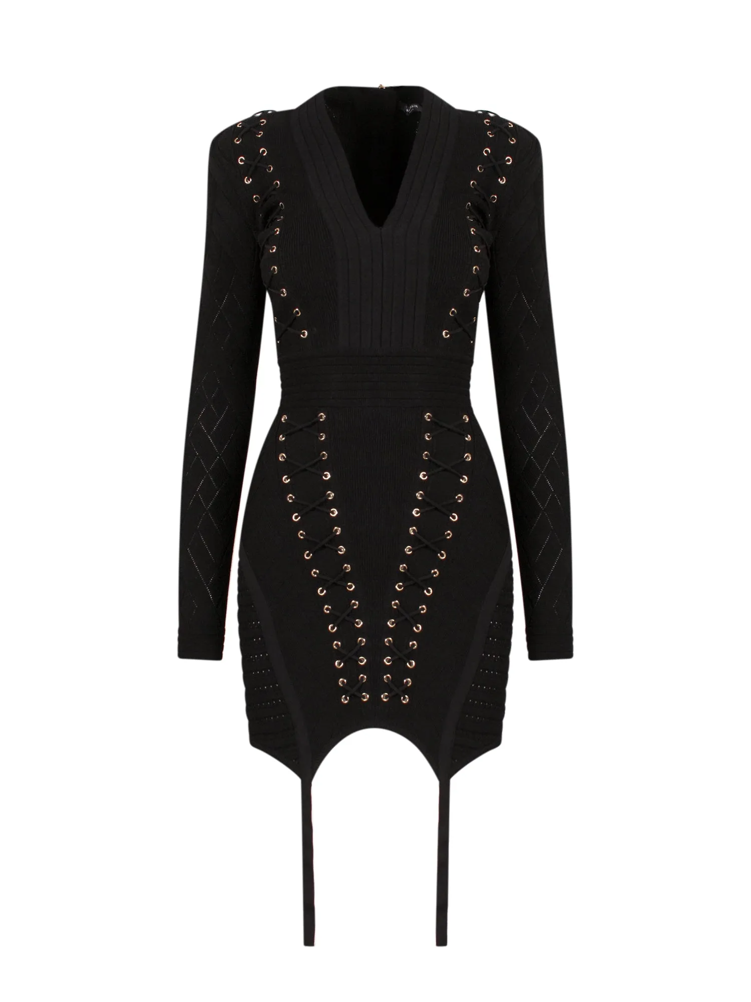 Balmain Eyelet-Detailed Ribbed Lace-Up Mini Dress