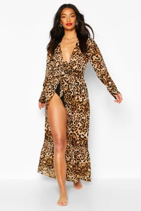 Beach Leopard Print Tie Front Long Sleeve Kimono