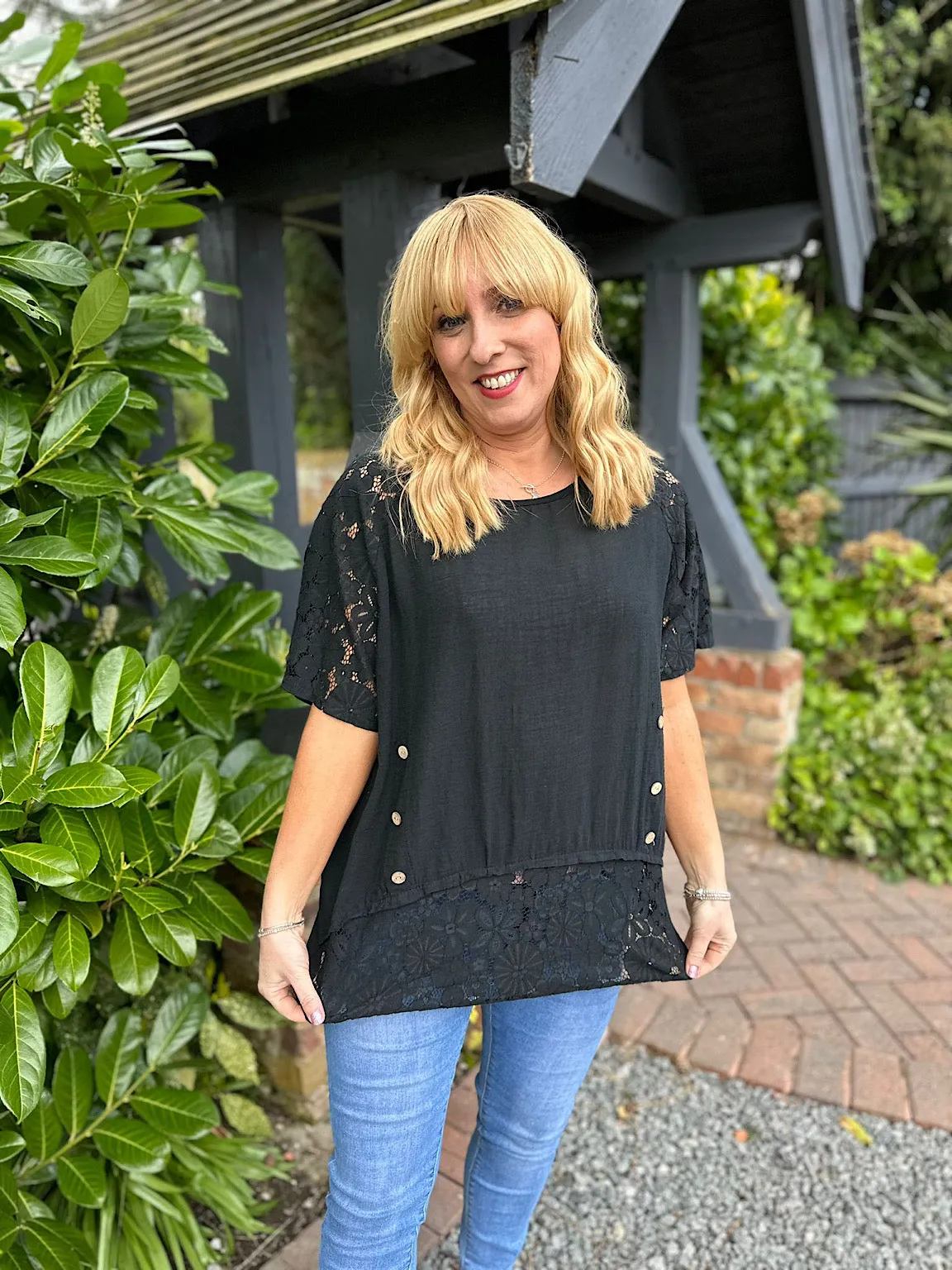 Black Lace Hem Button Detail Top Jayne