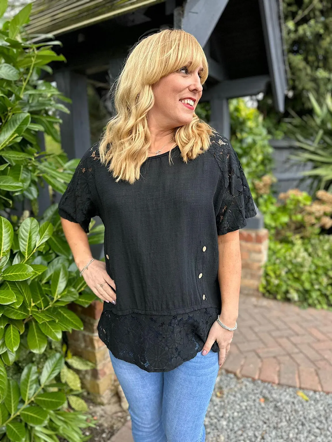 Black Lace Hem Button Detail Top Jayne