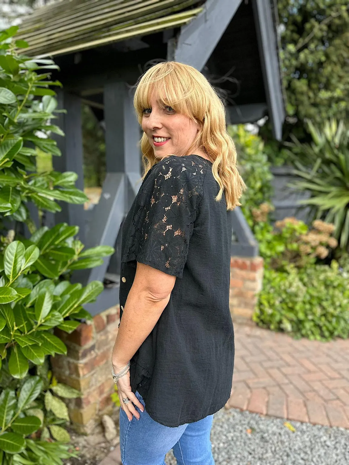 Black Lace Hem Button Detail Top Jayne