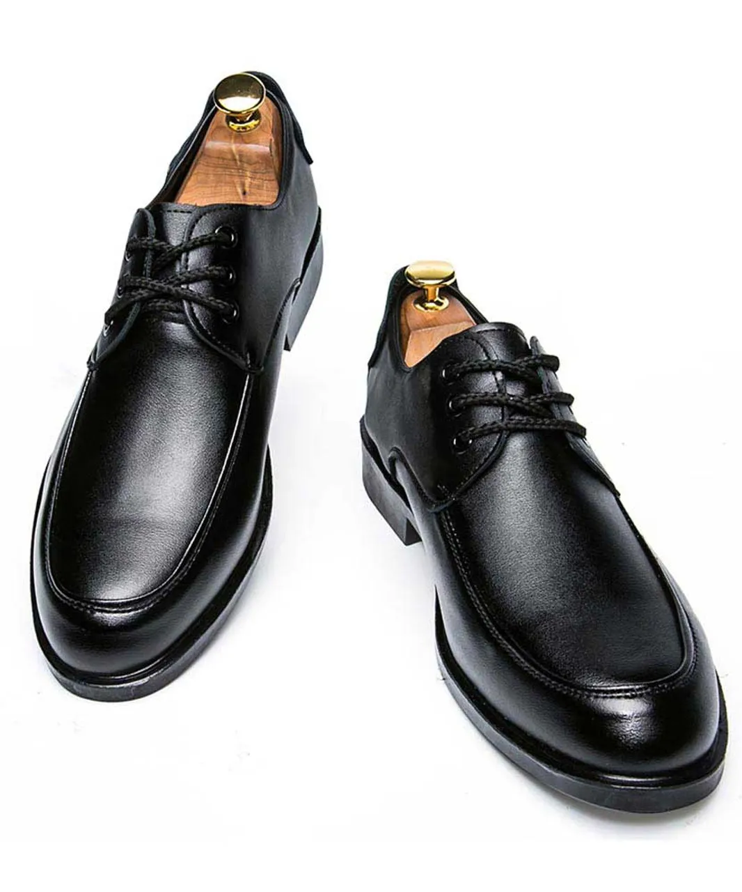 Black leather derby dress shoe cross metal decorated