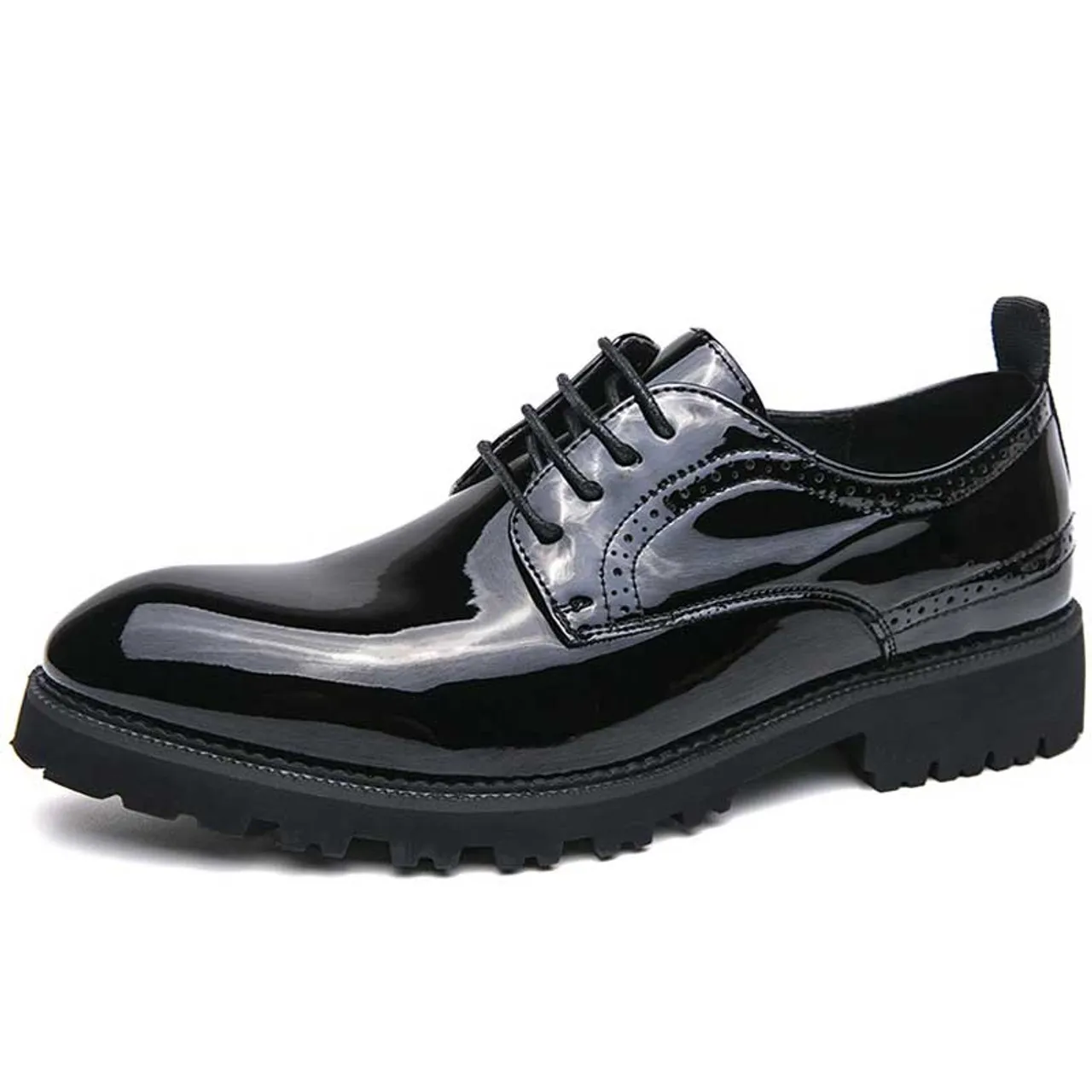 Black patent leather brogue derby dress shoe