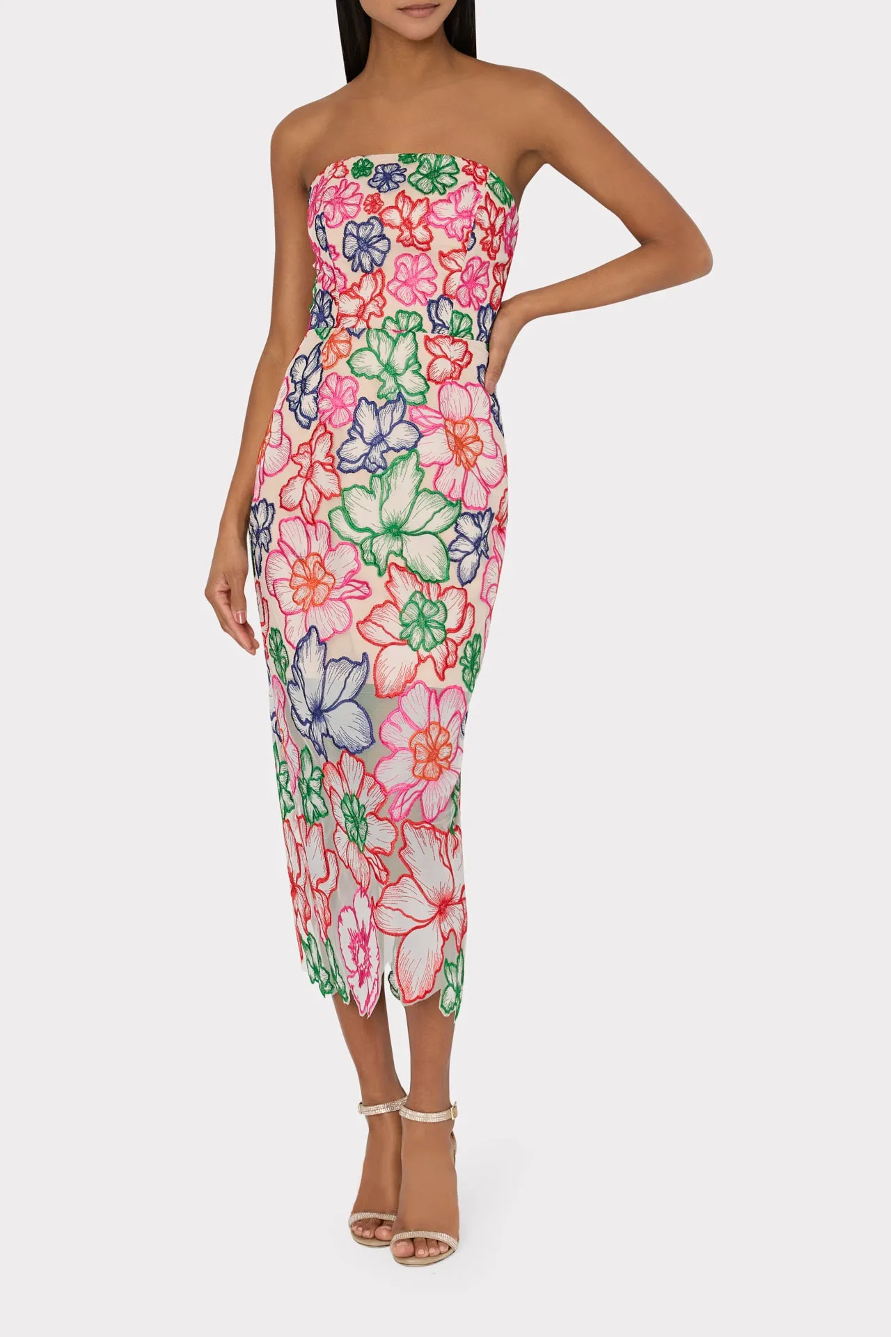 Cascading Floral Embroidered Midi Dress