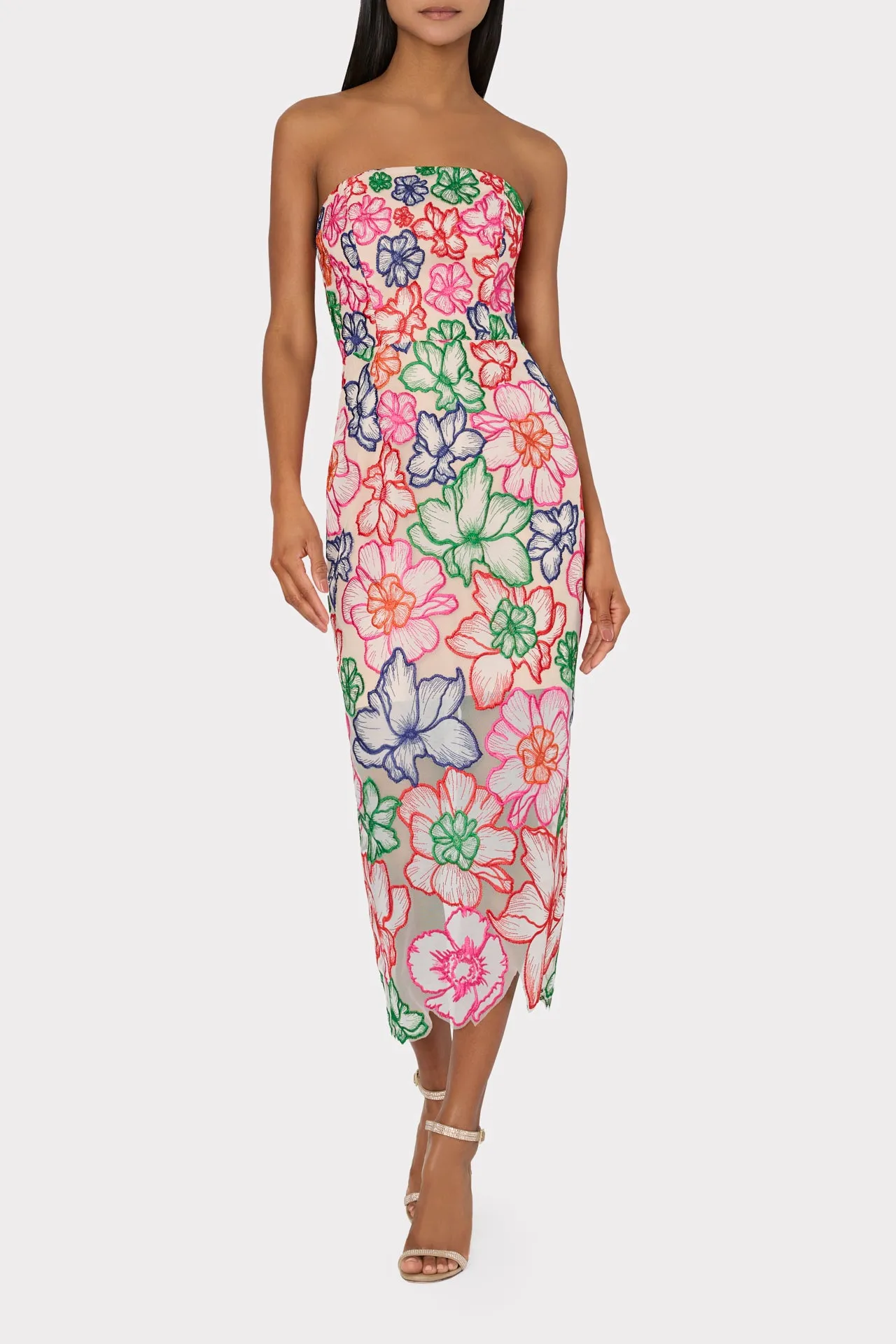 Cascading Floral Embroidered Midi Dress