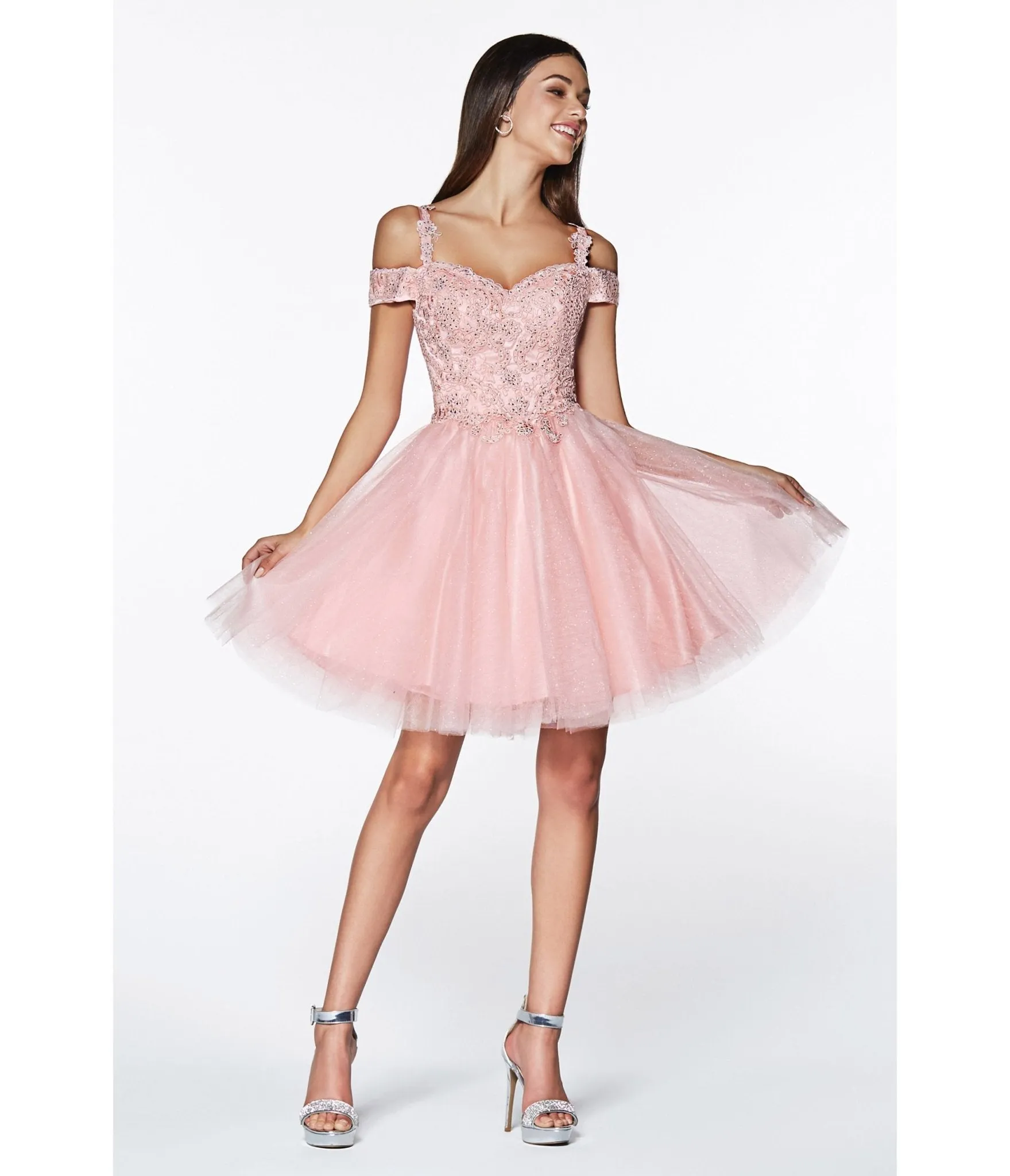 Cinderella Divine  Blush Glitter Tulle Cold Shoulder Homecoming Dress