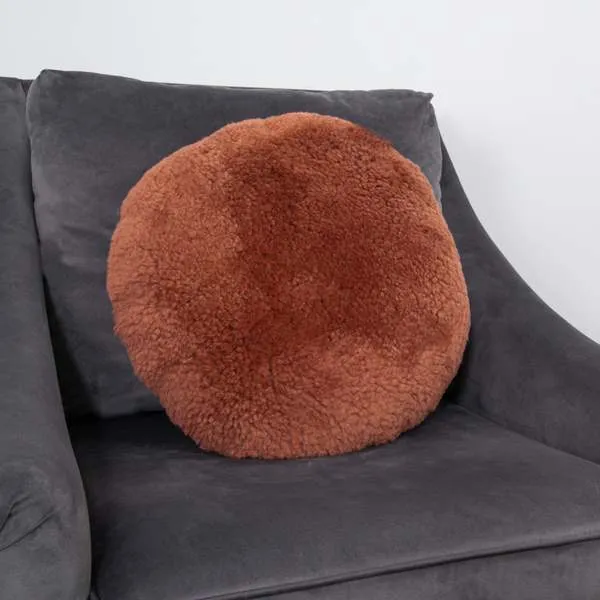 Coral Round Short Pile Sheepskin Cushion - Coral