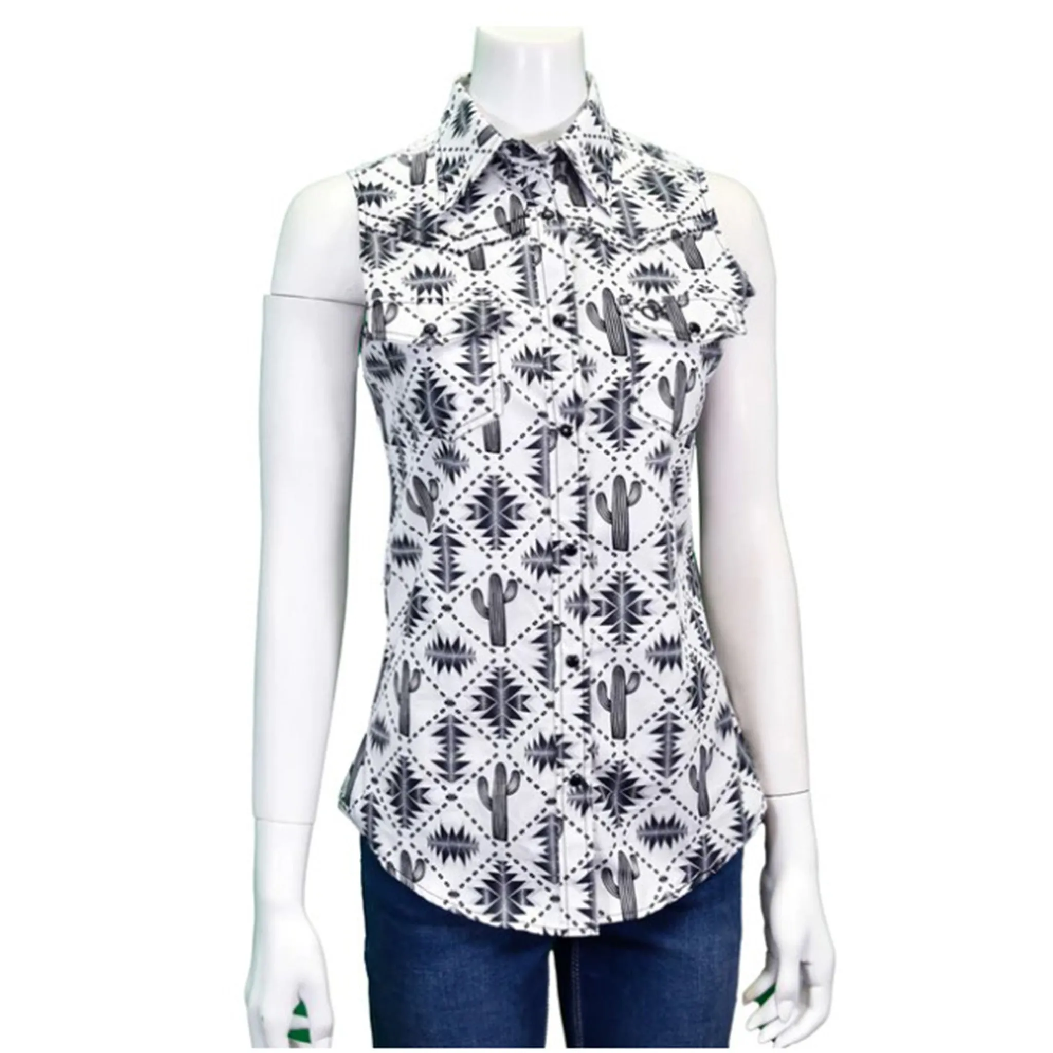 Cowboy Hardware Women's White Aztec Saguaro Sleeveless