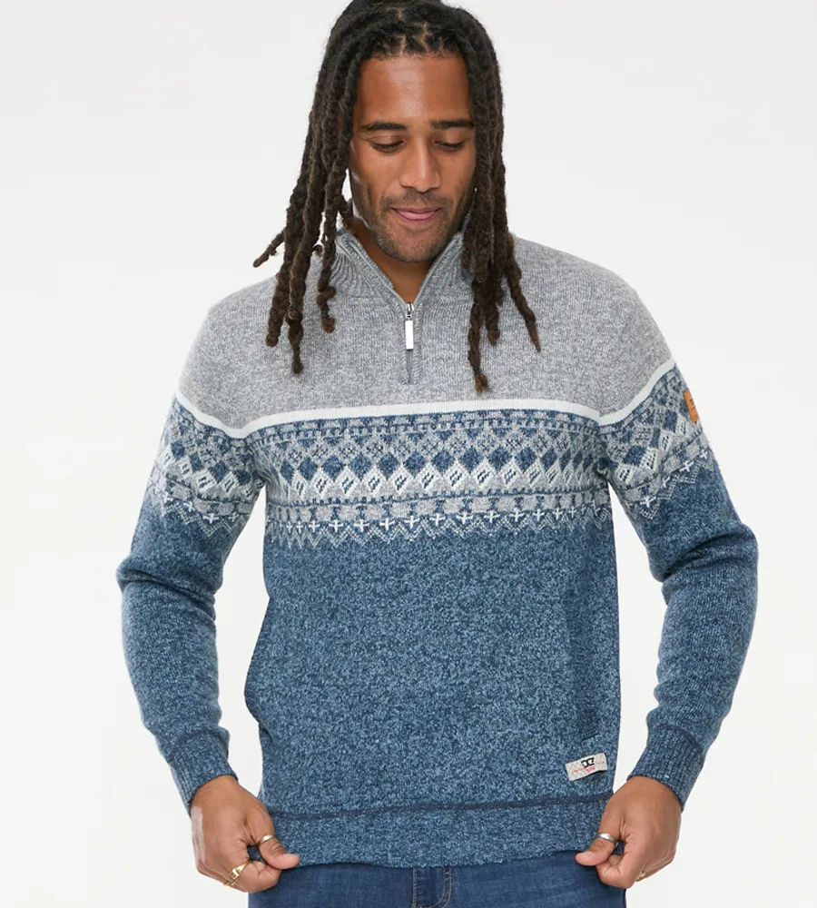 D555 Tall Mens Fairisle Knitted Jumper With 1/4 Zip and Lining (RUDDINGTON)