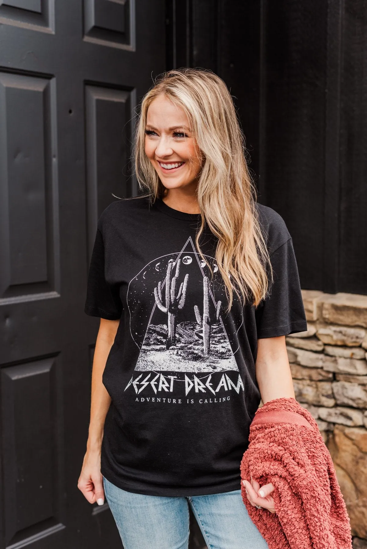 Desert Dream, Adventure Is Calling Graphic Top- Black