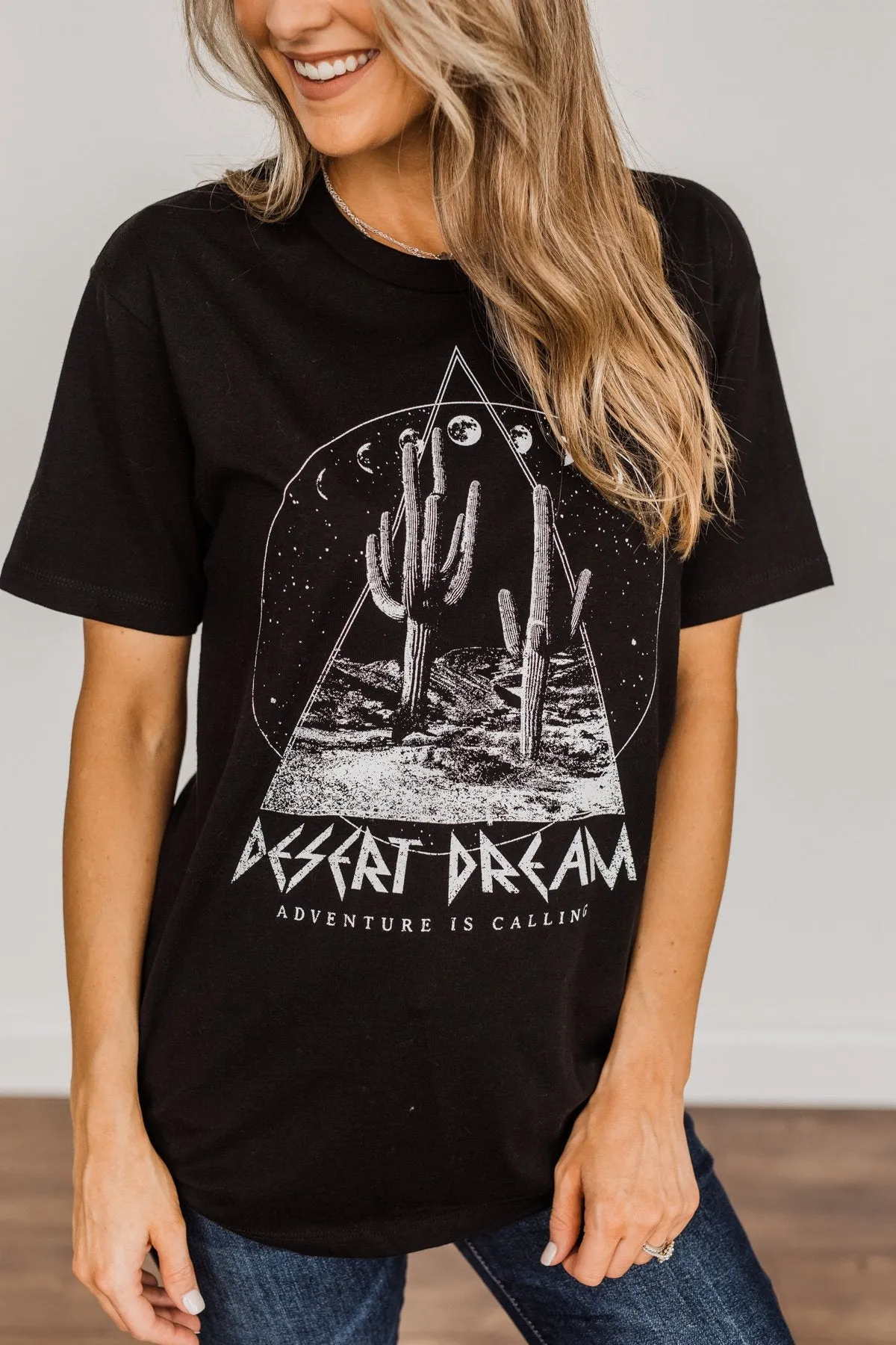 Desert Dream, Adventure Is Calling Graphic Top- Black