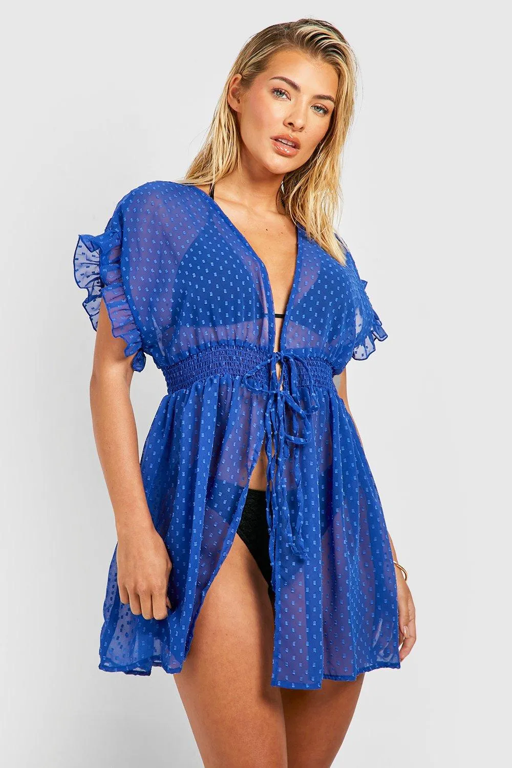 Dobby Chiffon Tie Front Mini Beach Kimono