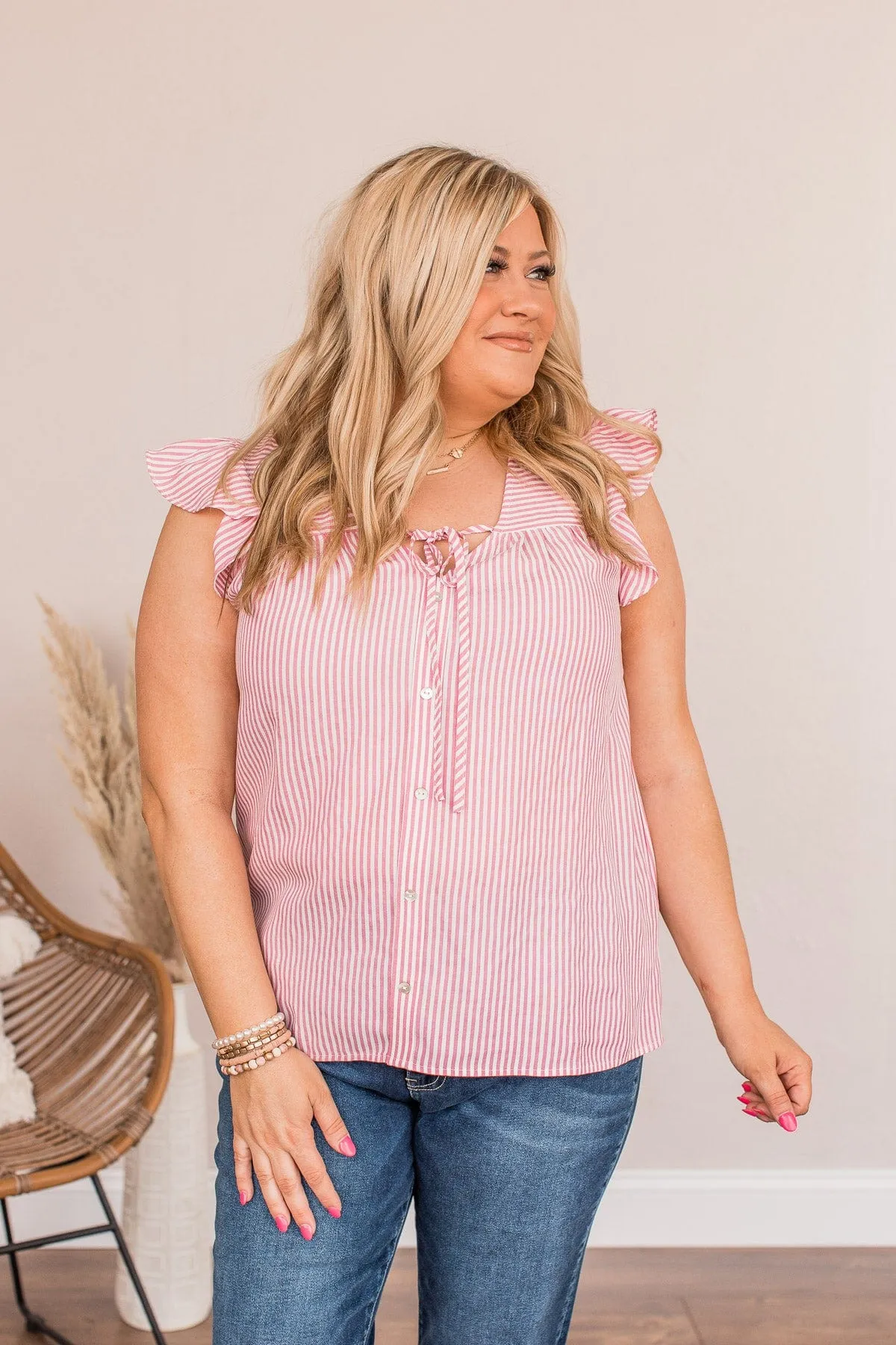 Done Hiding Striped Button Blouse- Pink