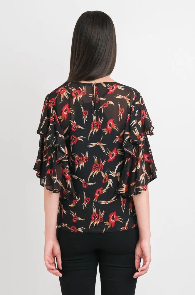 Double Layer Sleeve Top - Black Floral print