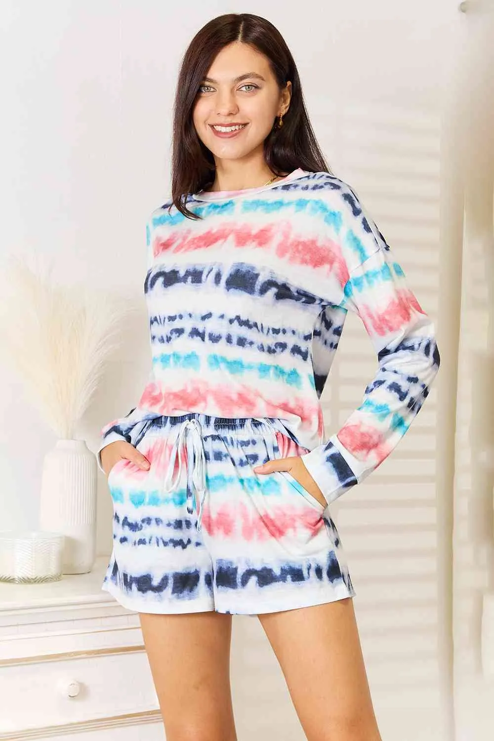 Double Take Tie-Dye Dropped Shoulder Lounge Set