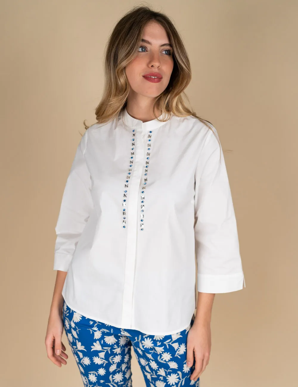 Elena Mirò - Camicia ricamata in cotone stretch bianco