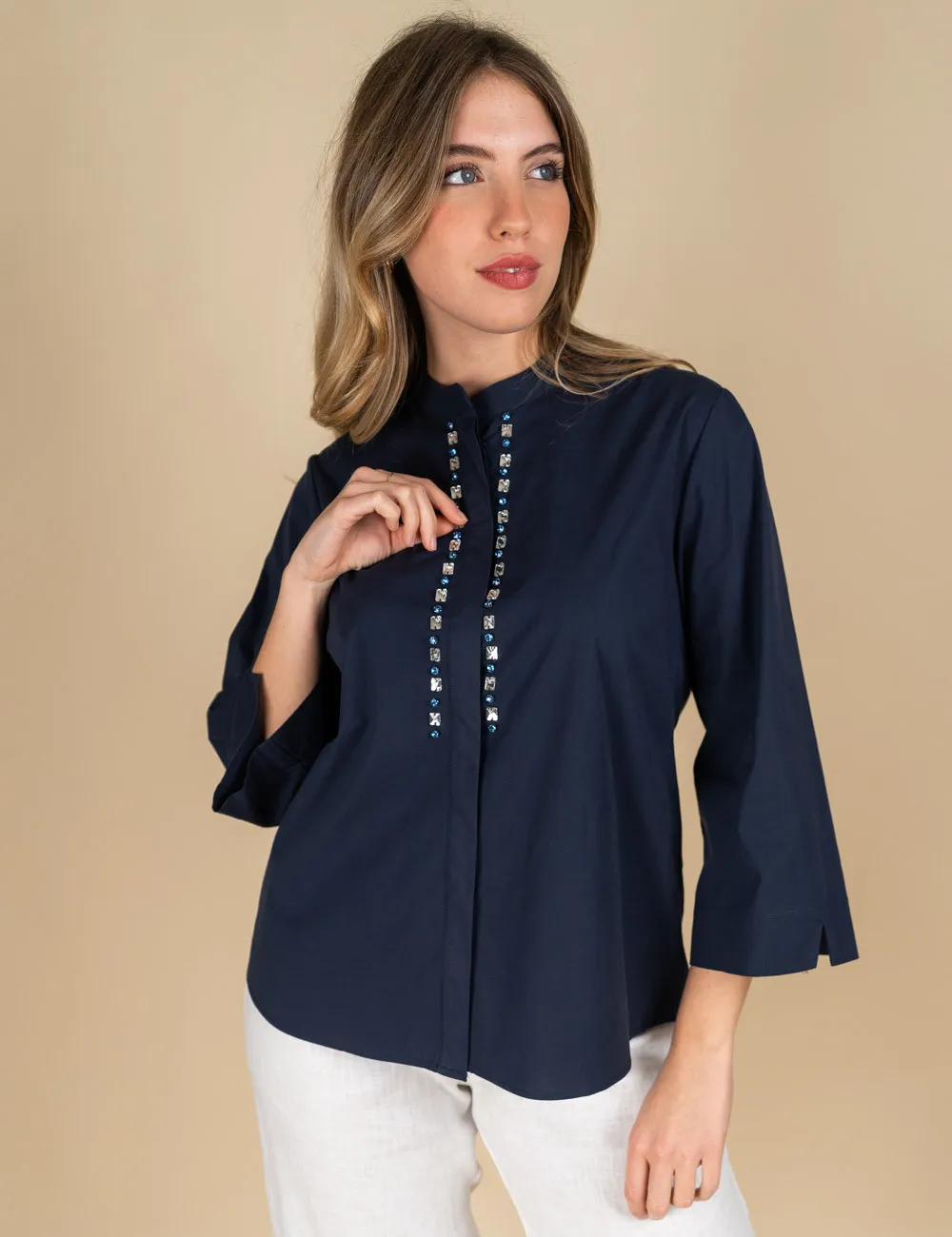 Elena Mirò - Camicia ricamata in cotone stretch blu