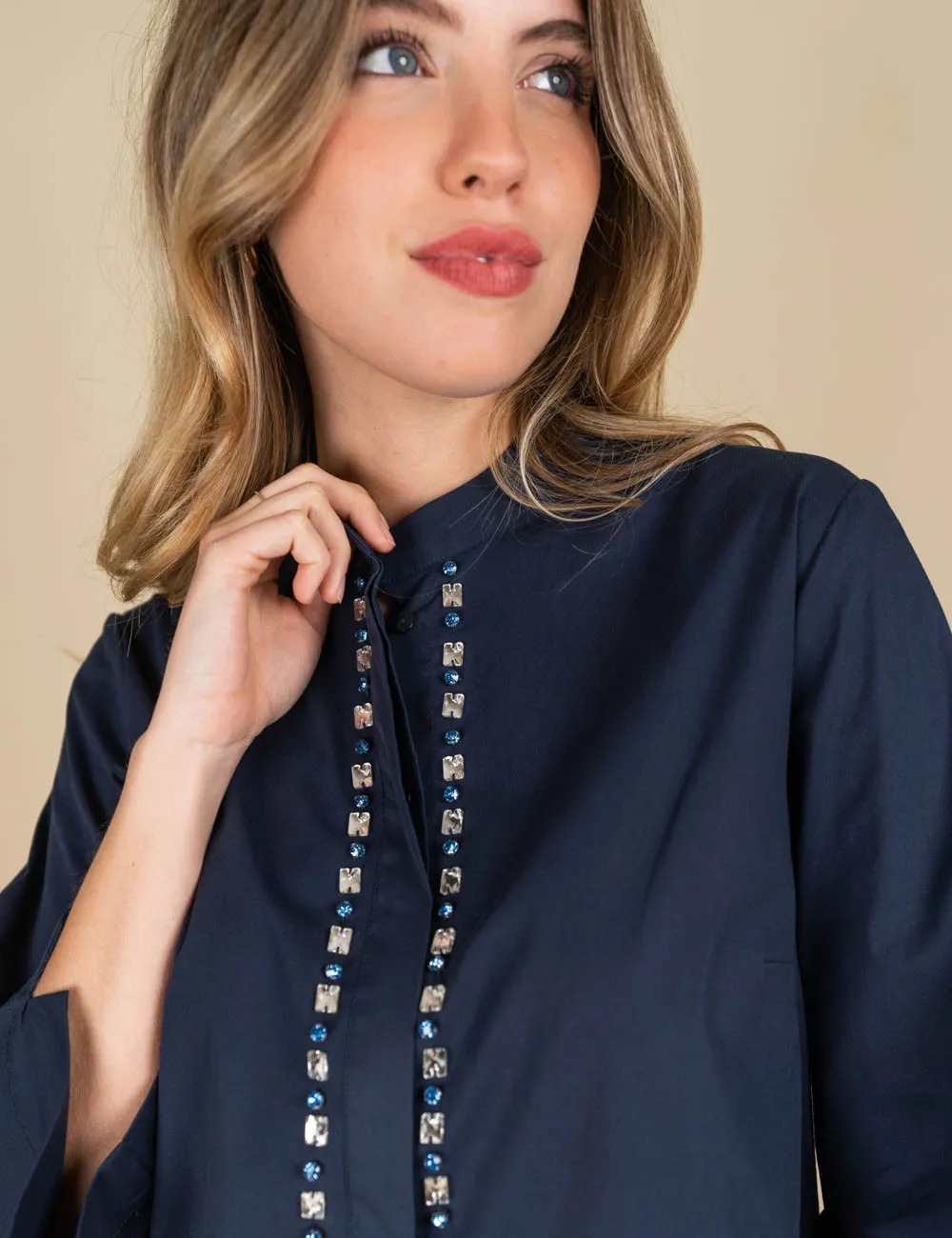 Elena Mirò - Camicia ricamata in cotone stretch blu