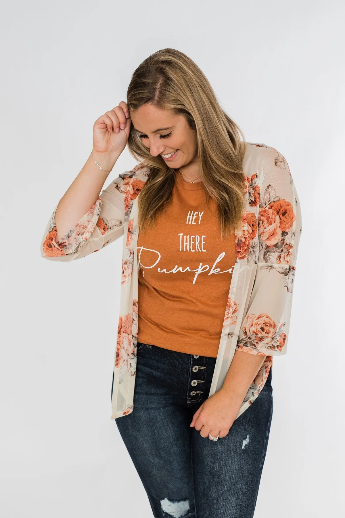 Feels Like Fall Lightweight Floral Kimono- Nude & Rust