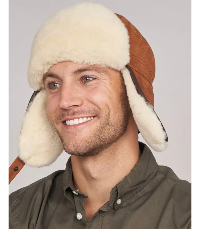 Finn Shearling Sheepskin Aviator Hat in Cognac: Furhatworld.com