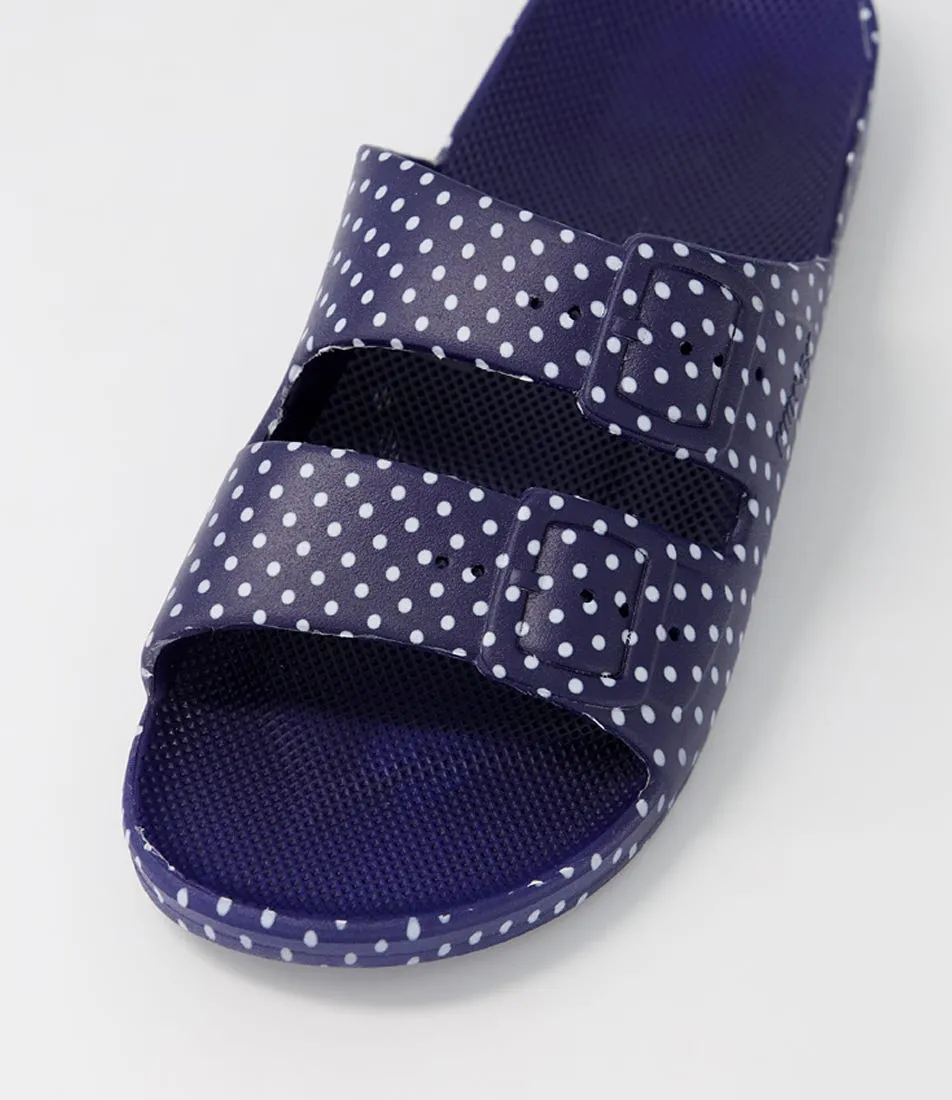 FREEDOM MOSES Slides W Dots White Navy Slides