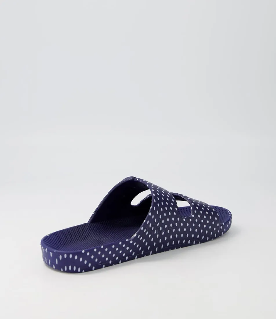 FREEDOM MOSES Slides W Dots White Navy Slides