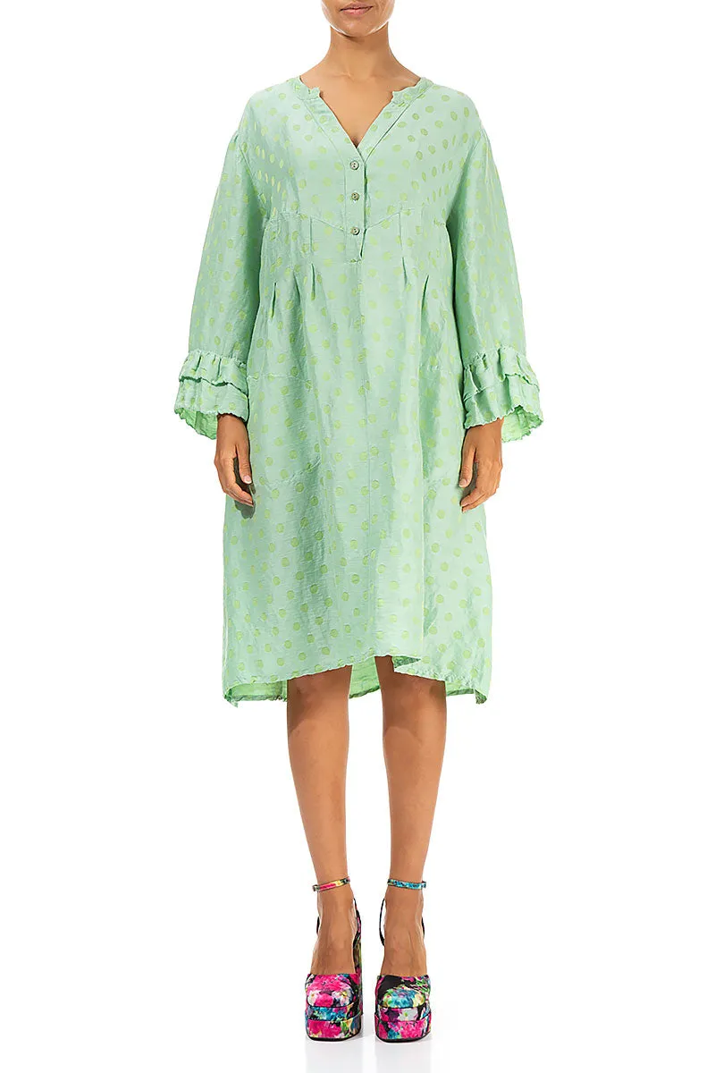 Front Buttons Flared Green Sorbet Silk Linen Dress