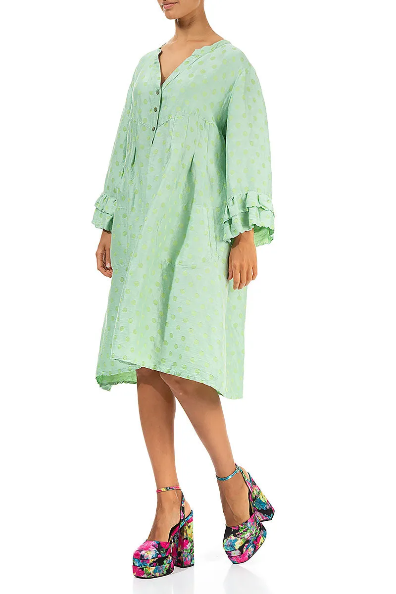 Front Buttons Flared Green Sorbet Silk Linen Dress