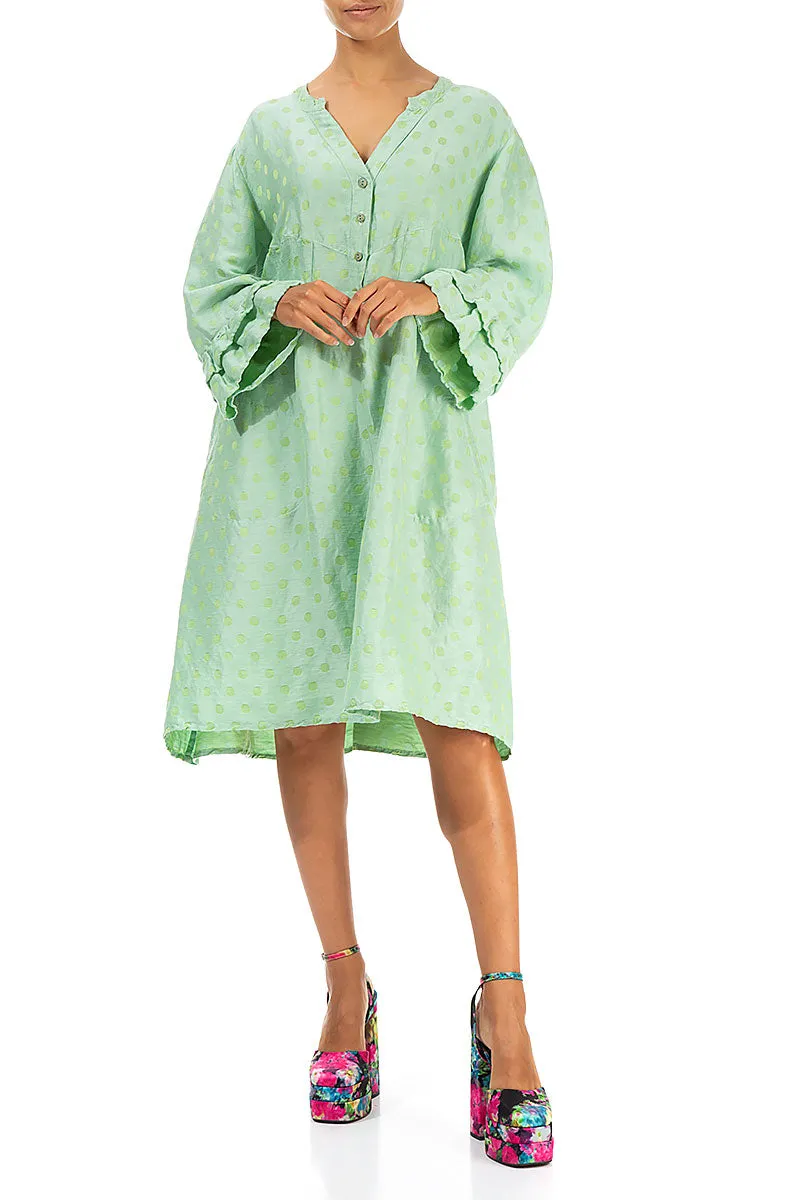 Front Buttons Flared Green Sorbet Silk Linen Dress