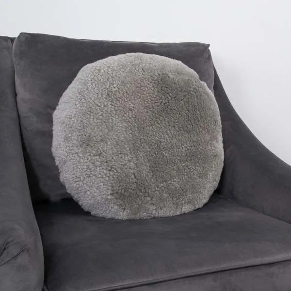 Grey Round Short Pile Sheepskin Cushion - Grey