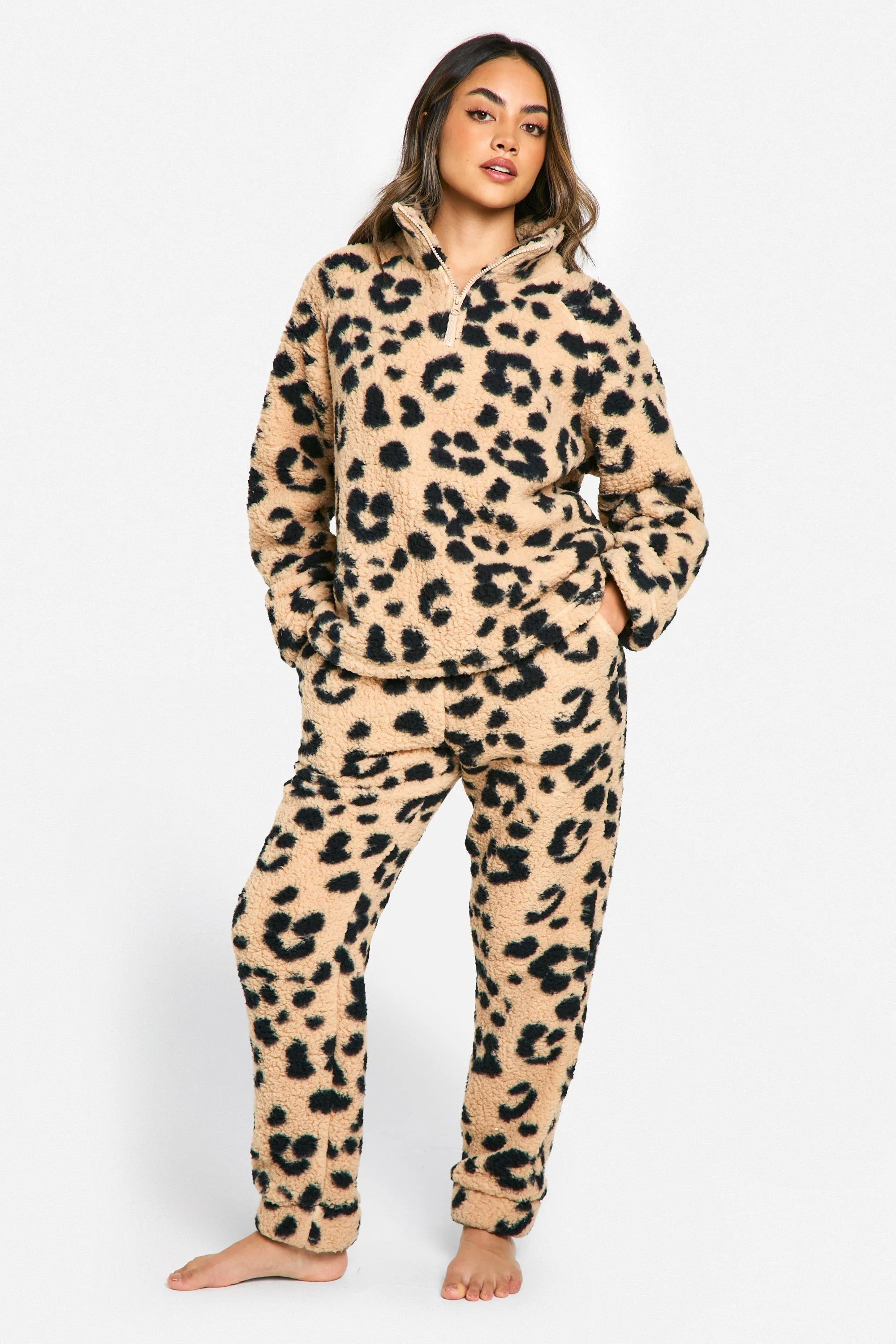 Half Zip Leopard Fleece Jogger Lounge Set