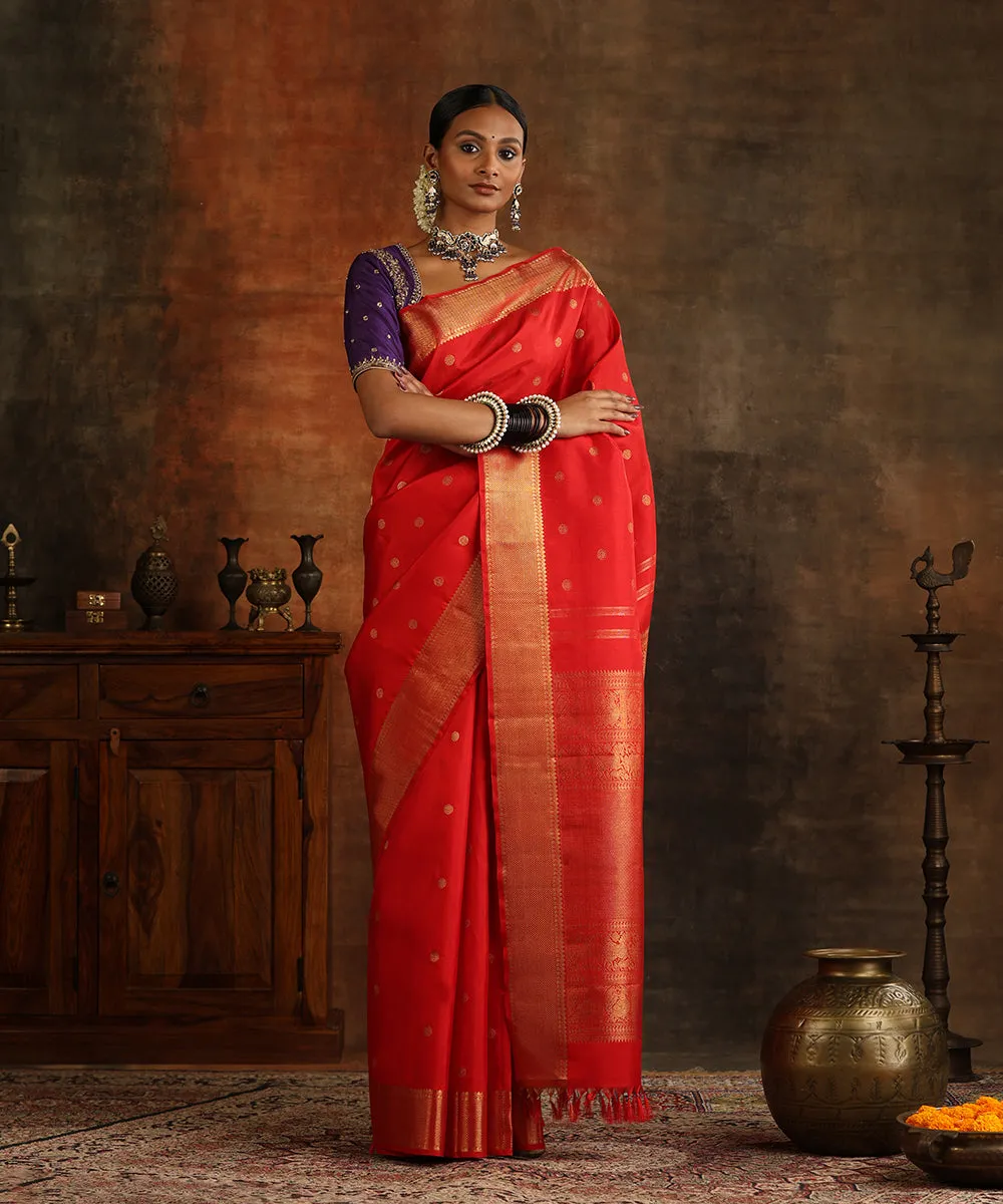 Handloom Red Pure Silk Bridal Kanjivaram Saree With Pure Zari