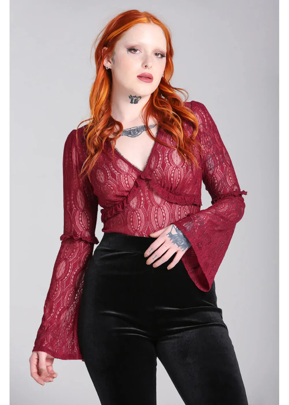 Hell Bunny Rhea Lace 70's Top Burgundy