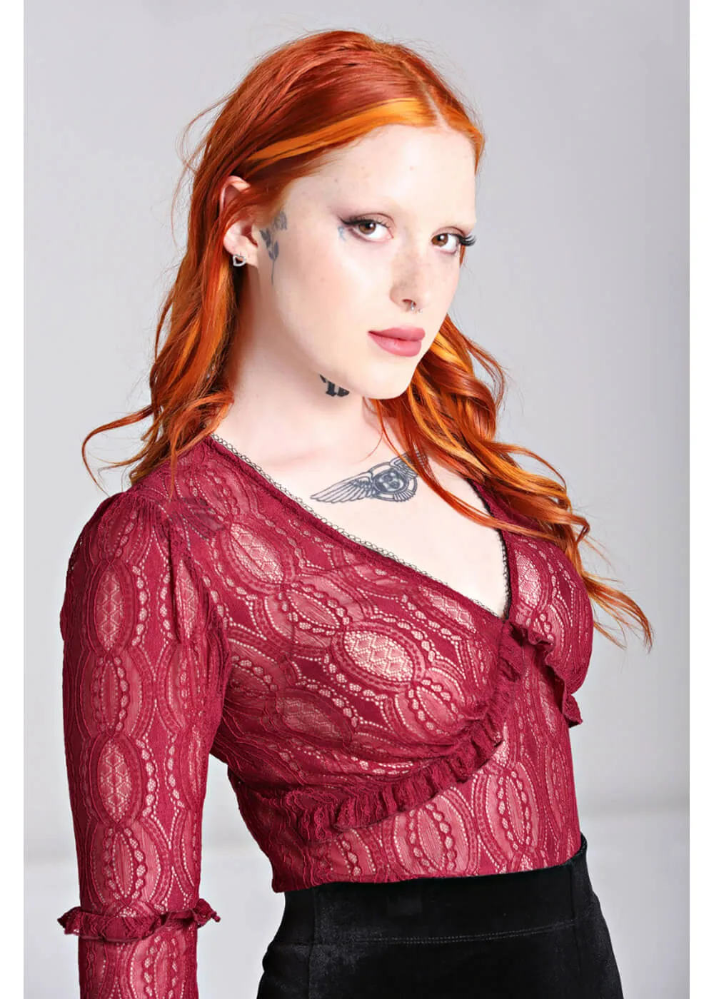 Hell Bunny Rhea Lace 70's Top Burgundy