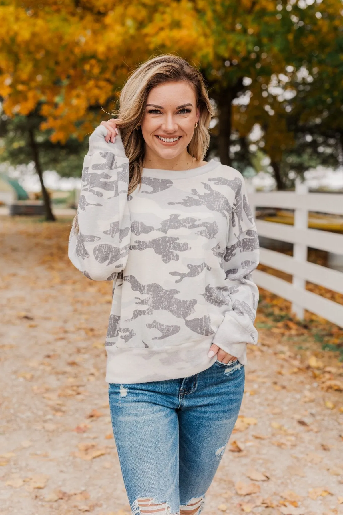 Hidden Beauty Lounge Top- Grey Camo