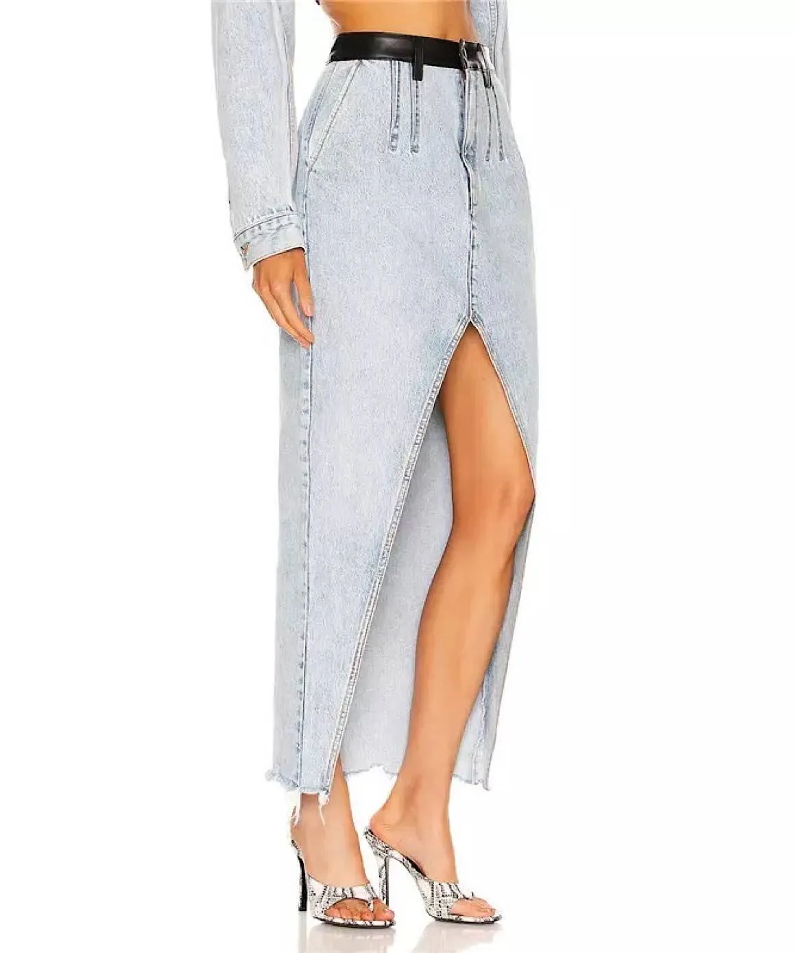 High Middle Slit Denim Long Skirt