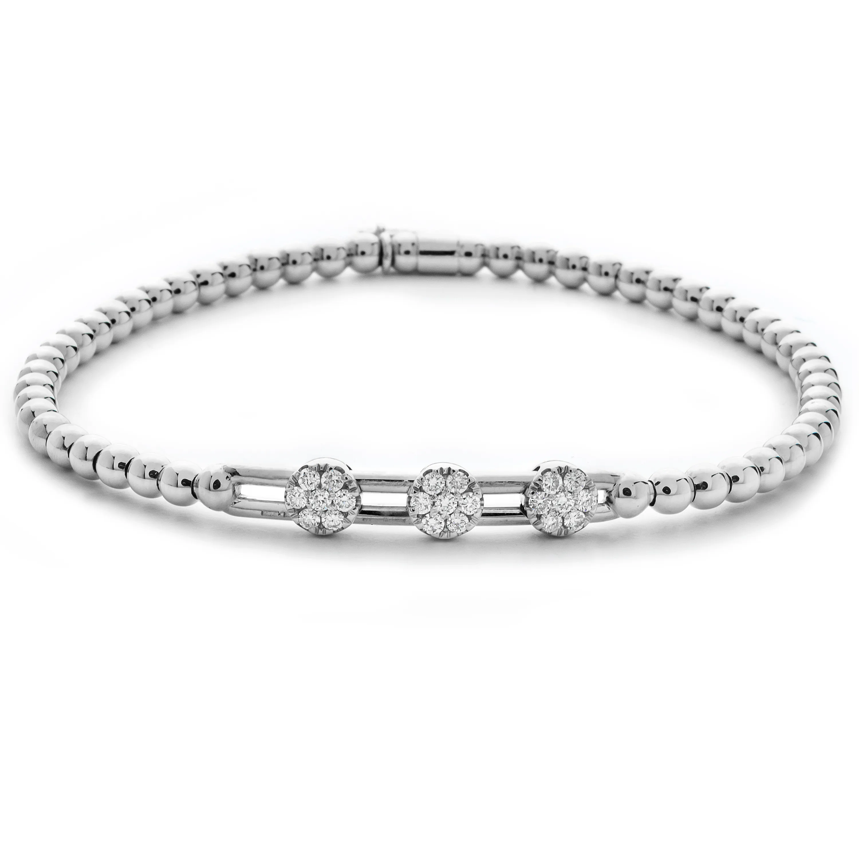 Hulchi Belluni Stretch Bracelet with Three Pave Diamond Moveable Stations White Gold