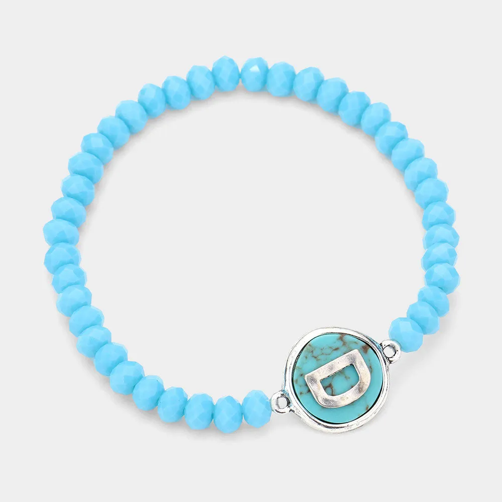 iLLASPARKZ -D- Monogram Turquoise Charm Faceted Beaded Stretch Bracelet